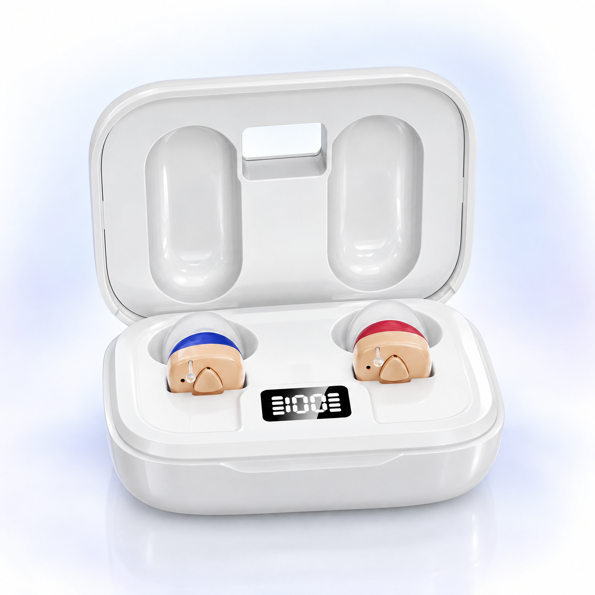 Auvira hearing aids in charging case